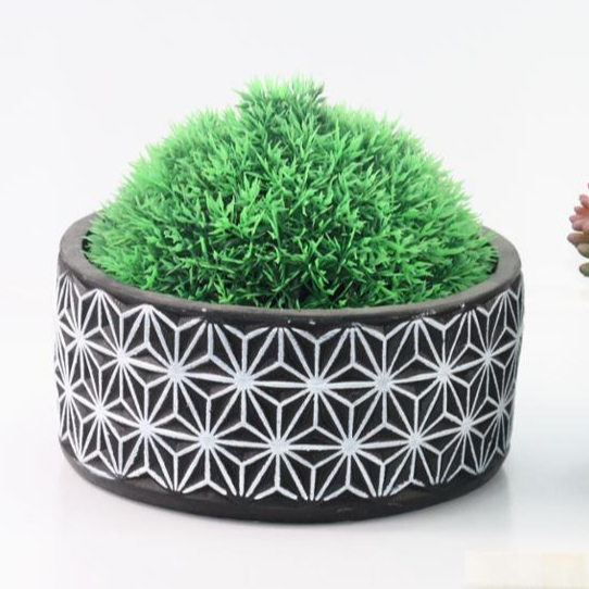 Cement Round Pot with Engraved Lattice Diamond Design Body