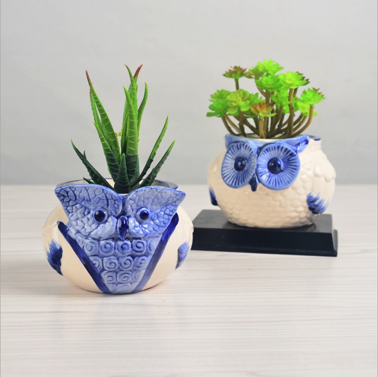 Succulent plants mini owl shape ceramic flower pots blue and white painted plant pot