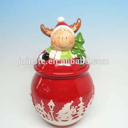 Customized red Christmas deer ceramic cookie jar candy jar biscuit jar decoration