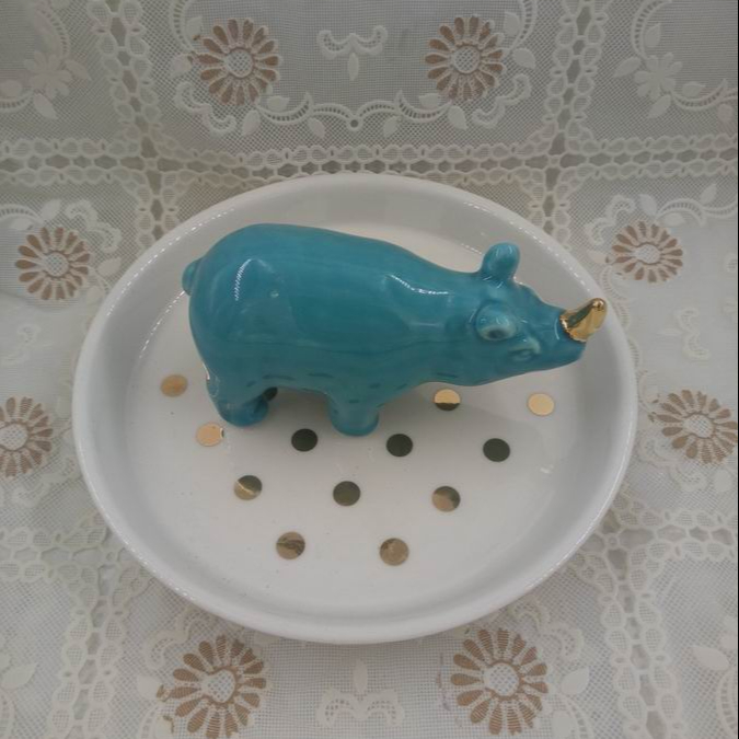 Blue rhinoceros Ceramic Ring Dish, Trinket Dish, Custom accept