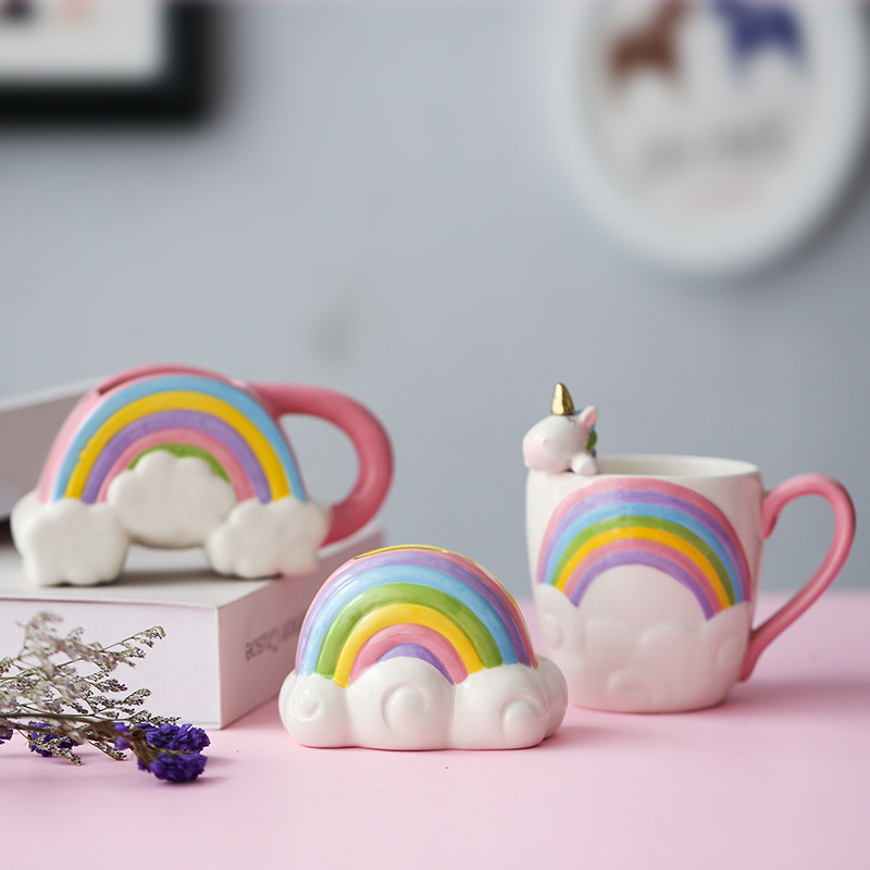 Wholesale Ceramic Rainbow Money Bank color glazed saving box and cup