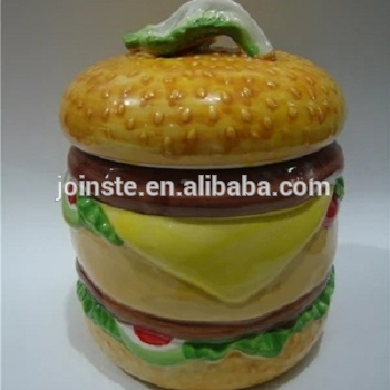 Customized cute hamburger shape ceramic cookie and biscuit jar storage