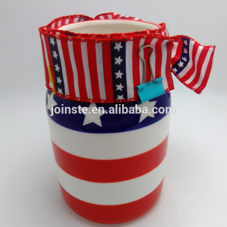 Round American flag painted ceramic mug with handle