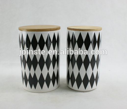 Bamboo cover ceramic sealing storage canisters black and white