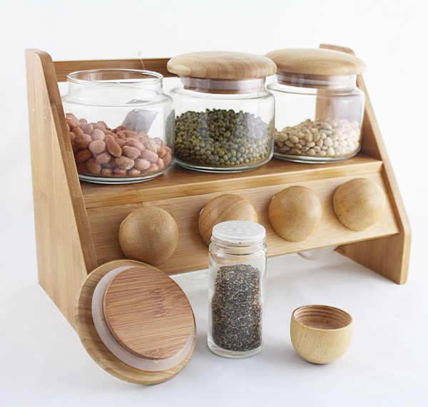 Bamboo Spice Jar Rack with 6 Glass Shaker Bottles Corner