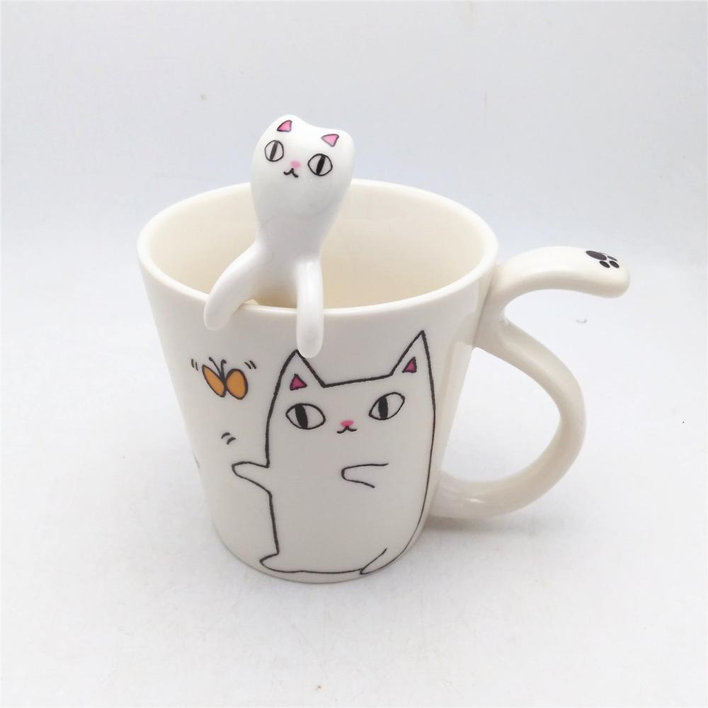 Funny cat  printing coffee mug  milk mug with ceramic cat spoon