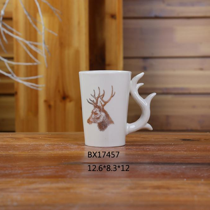 Ceramic Stag Coffee mug with antlers Handle