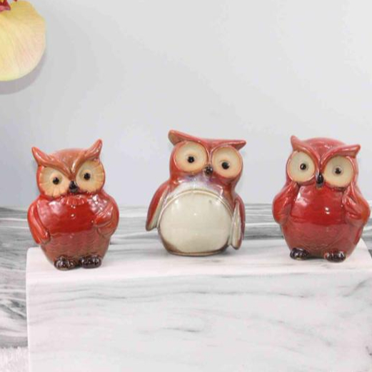 Small Wise Owls Figurine House Warming Gift Tabletop Shelf Ceramic Home Decorative Collectible Figurine Statues,Red ,Set of 3