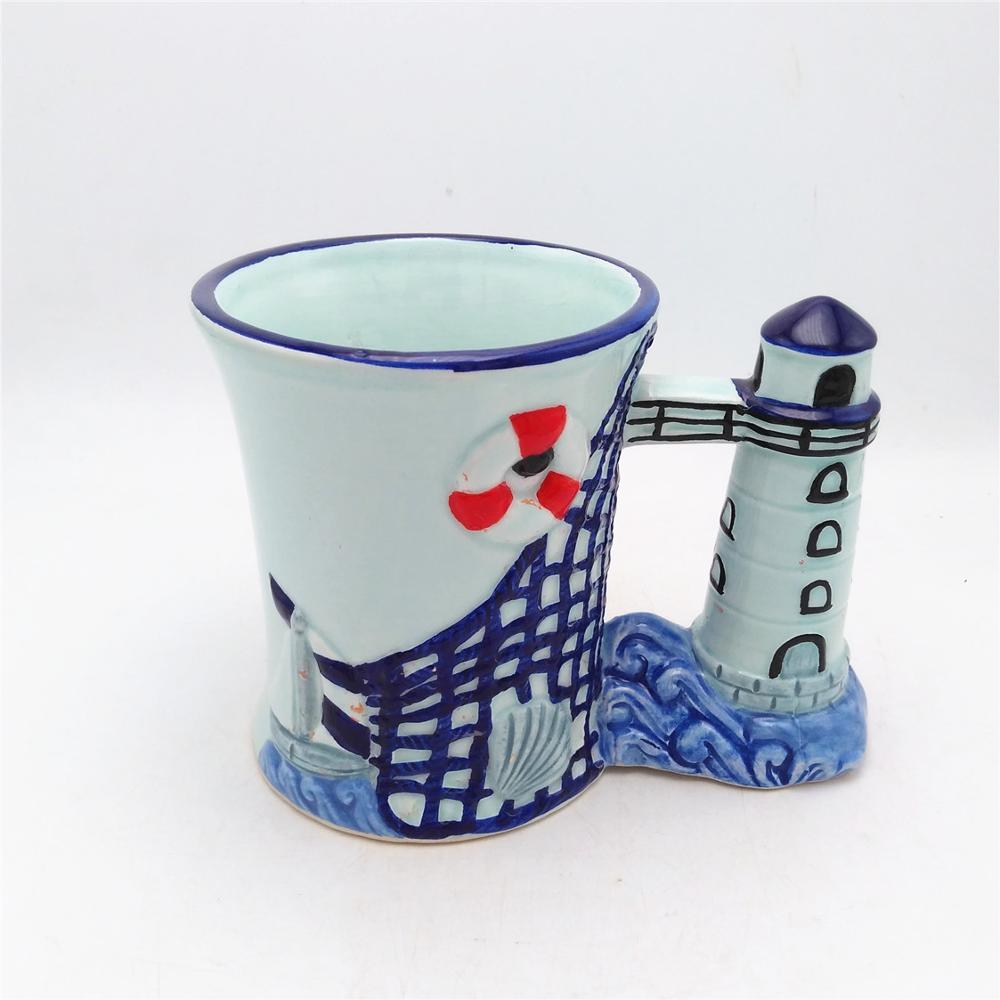 Promotion   ceramic  souvenir  mug  Novelty  blue   gift mug with lighthouse  handle