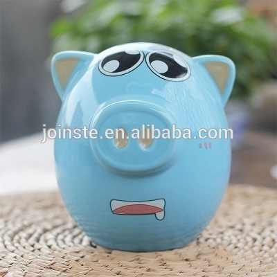 Customized blue color pig shape ceramic coin bank home decoration