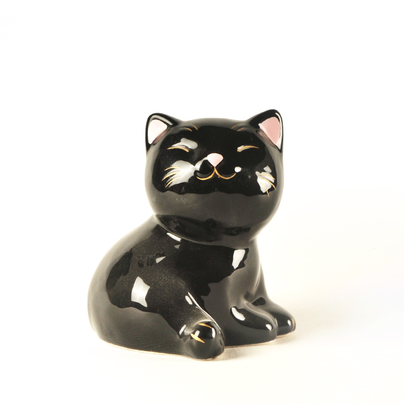 Ceramic Happy Cat Piggy, Coin Bank (Lying, Black), Custom accept