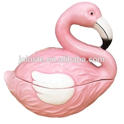 Customized pink flamingo shape ceramic cookie jar candy jar home decoration