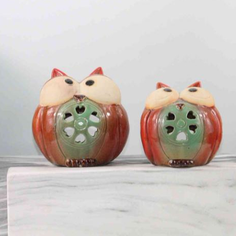 Orange Ceramic Owl Tealight Holder- 7" High. Ideal GIFT for wedding, party, spa, reiki etc, tea light