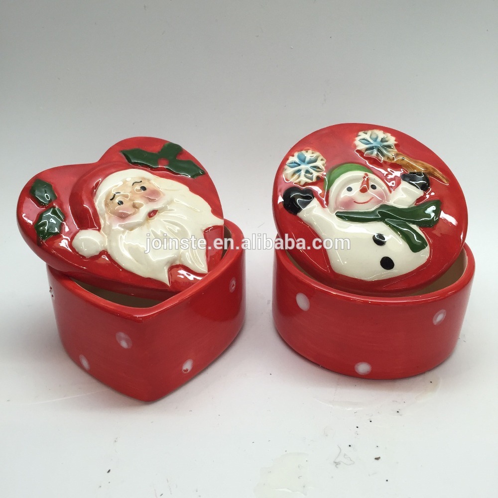 Red heart shaped Christmas candy cookie jar handmade painting