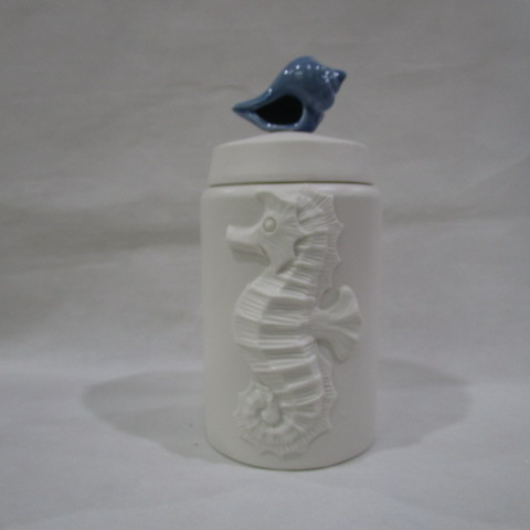 Ceramic Seahorse Starfish Canister, 5.5 x 5.5 x 8.5, White