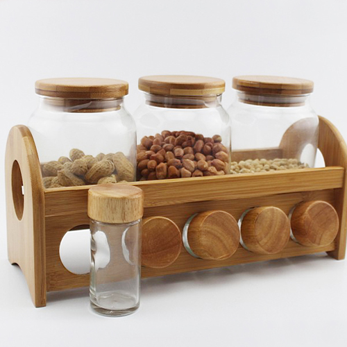 Kitchen Wooden Bamboo Spice Rack & 6 Glass Spice Jars Organizer