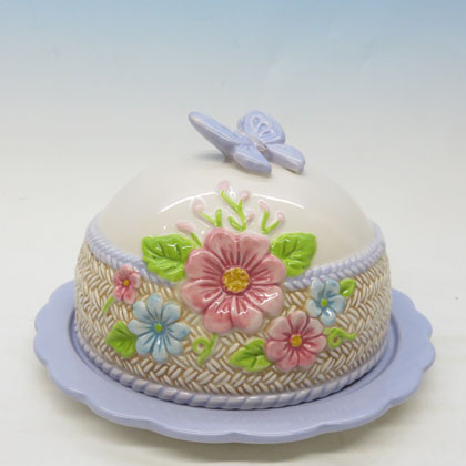 Customized 3D flower and butterfly painting ceramic bread plate butter plate with lid