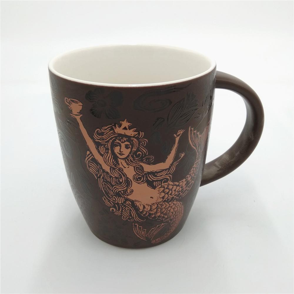 Engraved   mermaid printing  coffee mug   ceramic  brown coffee mug custom