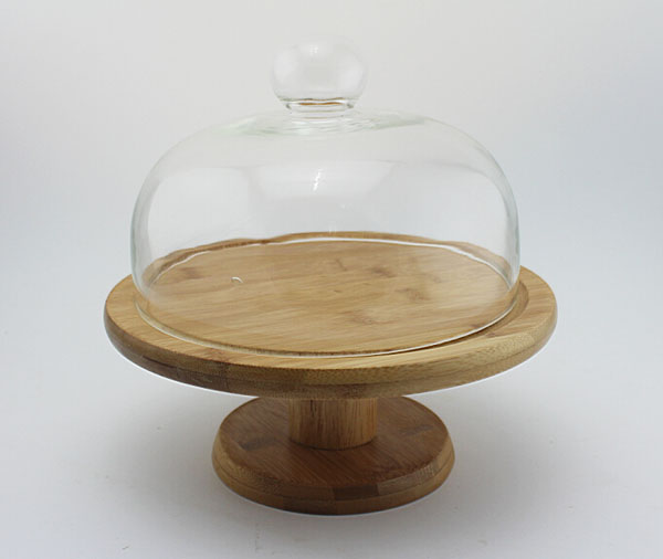 Bamboo Cupcake Stand, Cake Holder, Dessert and Appetizer Round Centerpiece, Glass Dome Cloche Lid