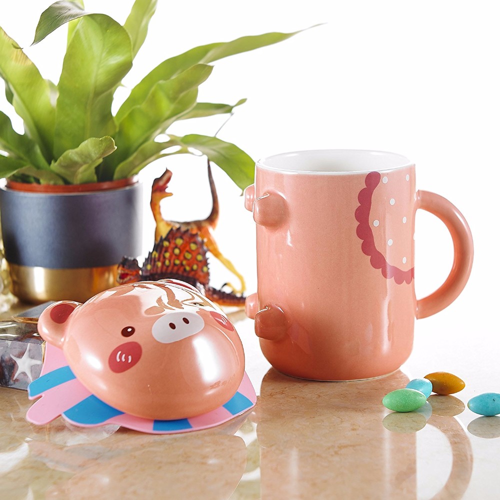 Porcelain Cute Cartoon Animal Tea Coffee Milk Mug Novelty Ceramic Lovely Cup with Lid – Pink Pig