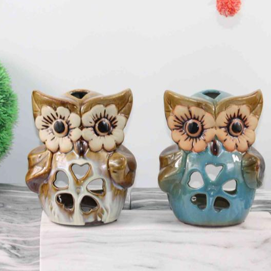 Custom Ceramic Owl Tea Light Holder ,Set of 2 Assorted, 6-Inch, Green and Beige