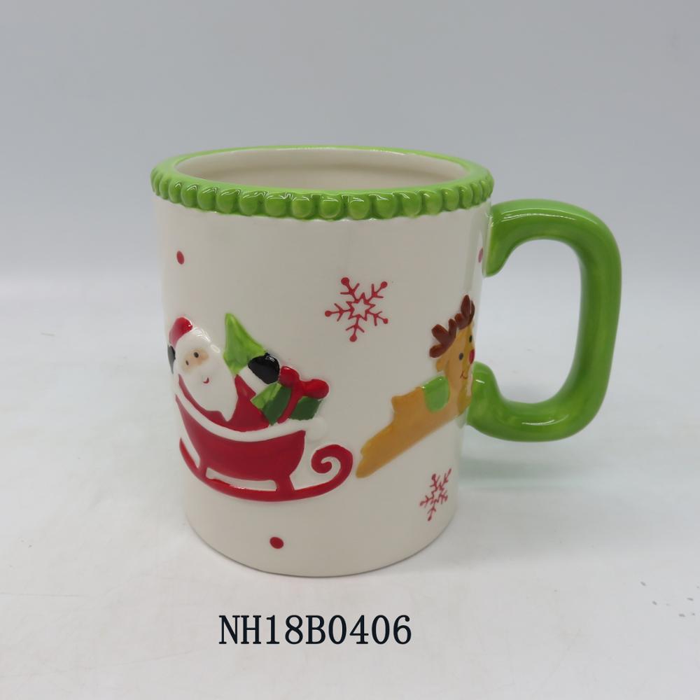 Chinese supplier white cheap bulk Christmas porcelain ceramic mug with 3D santa print for children wholesale