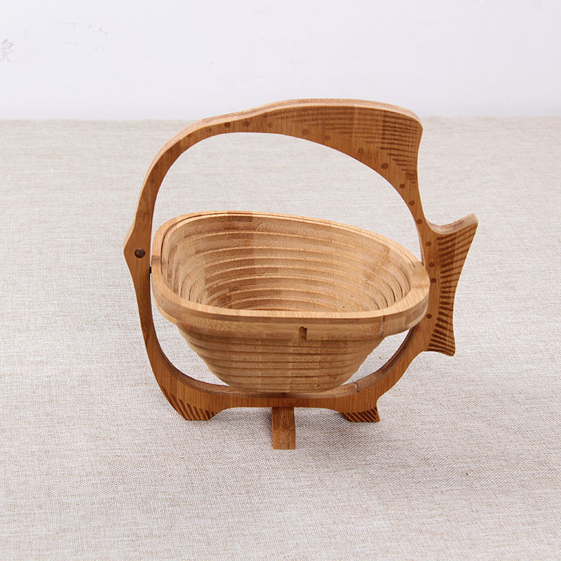 Natural Wooden Bamboo Folding Collapsible Fruit Veggie Basket, Fish shape