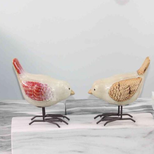 Glazed Ceramic Bird with Black Metal Legs (Set of 2), Gloss Multi color