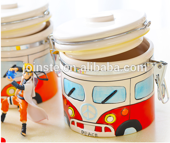 Customized cute car painting ceramic cookie jar, seal candy jar storage