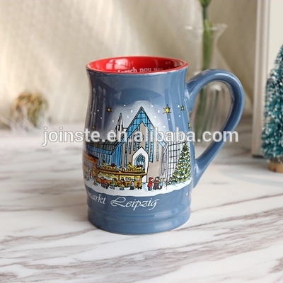 Blue color landscape painting ceramic coffee mug red interior