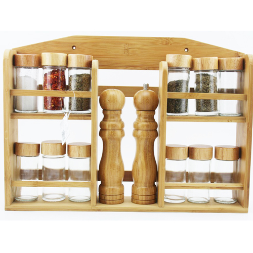 Spice Rack, Solid Bamboo Wood, 2 Tier, Stackable Wall Mount, Holds Round and Square Bottles