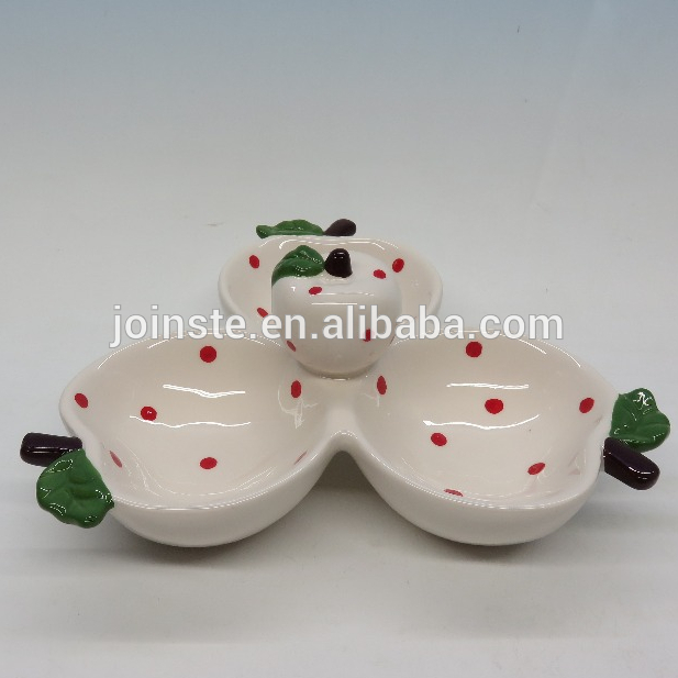 Custom cheap apple shape ceramic triple divided dish home tableware