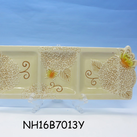 Three section divided dish ,hydrangea rectangle ceramic plate