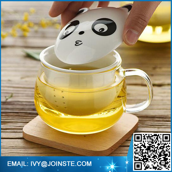 Hot sale glass mug with ceramic animal lids and filter ,