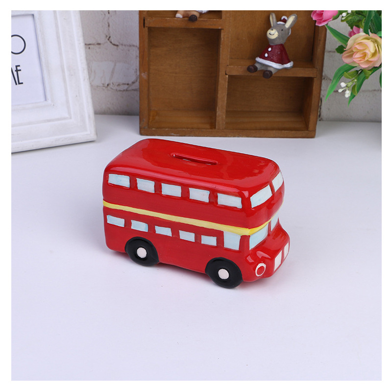 Ceramics Red Double-deck Bus Piggy Bank Money Box Toy For Kids,Home Decoration