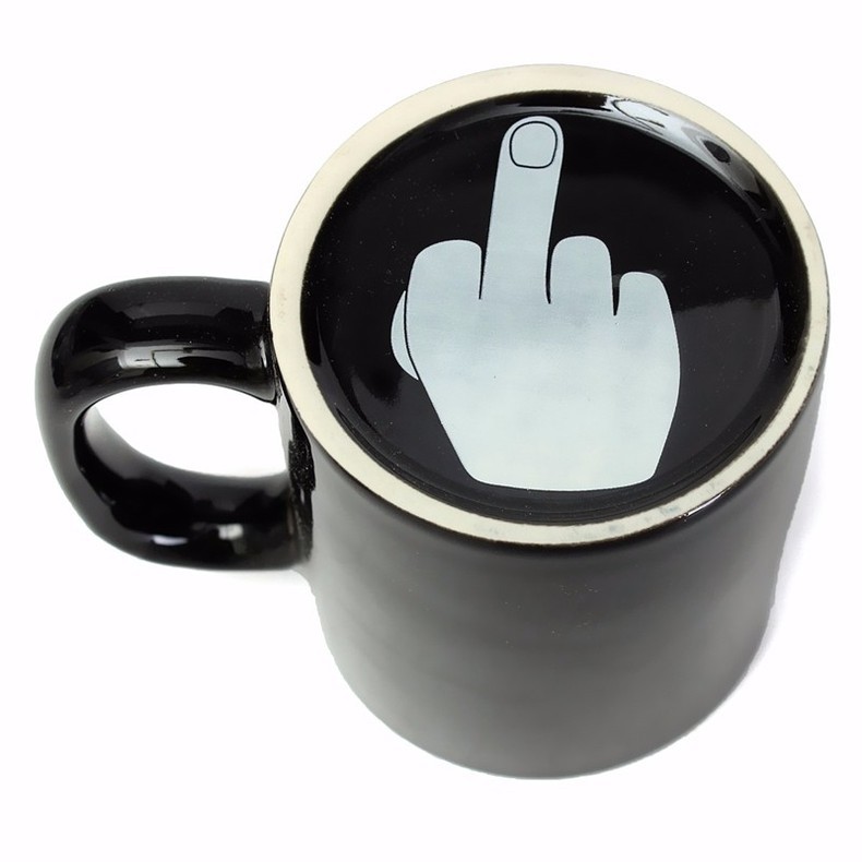 Have a Nice Day Coffee Mug, Funny Cup with Middle Finger on the Bottom 14 oz. (Black)