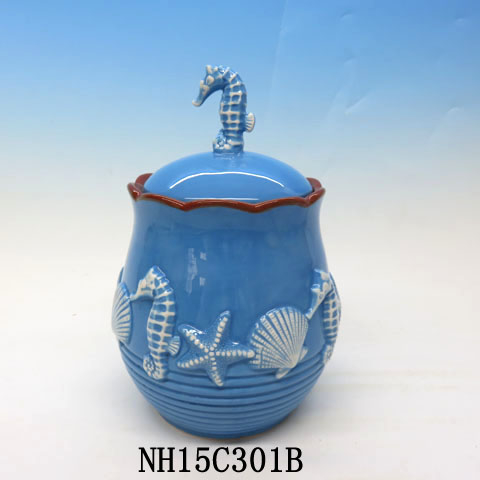 Blue Ceramic Seahorse Canister, 5.5 x 5.5 x 8.5, Custom accept