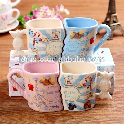 Pink and blue color couple face ceramic mug with handle