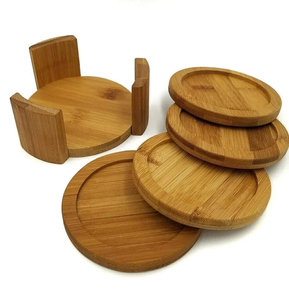 Bamboo Wood Round 4 Piece Tea Coaster Set with Caddy