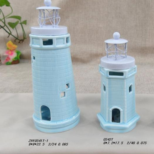 Ceramic Lighthouse Figurine with Cutout and Seashell Design in Gloss Finish, Turquoise