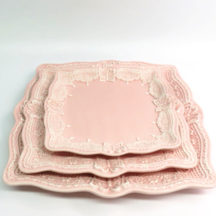 Set 4 Dinnerware square dishes with butterfly lace