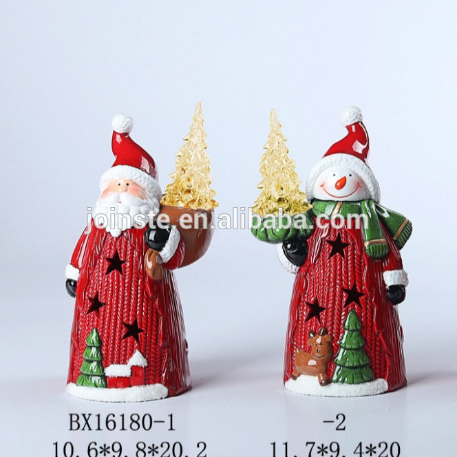 Customized novelty ceramic Santa holding Christmas tree decoration