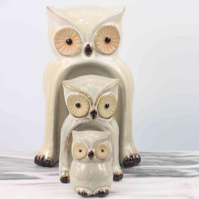 Variable glaze Ceramic Owl Figurine, Gloss Old gray