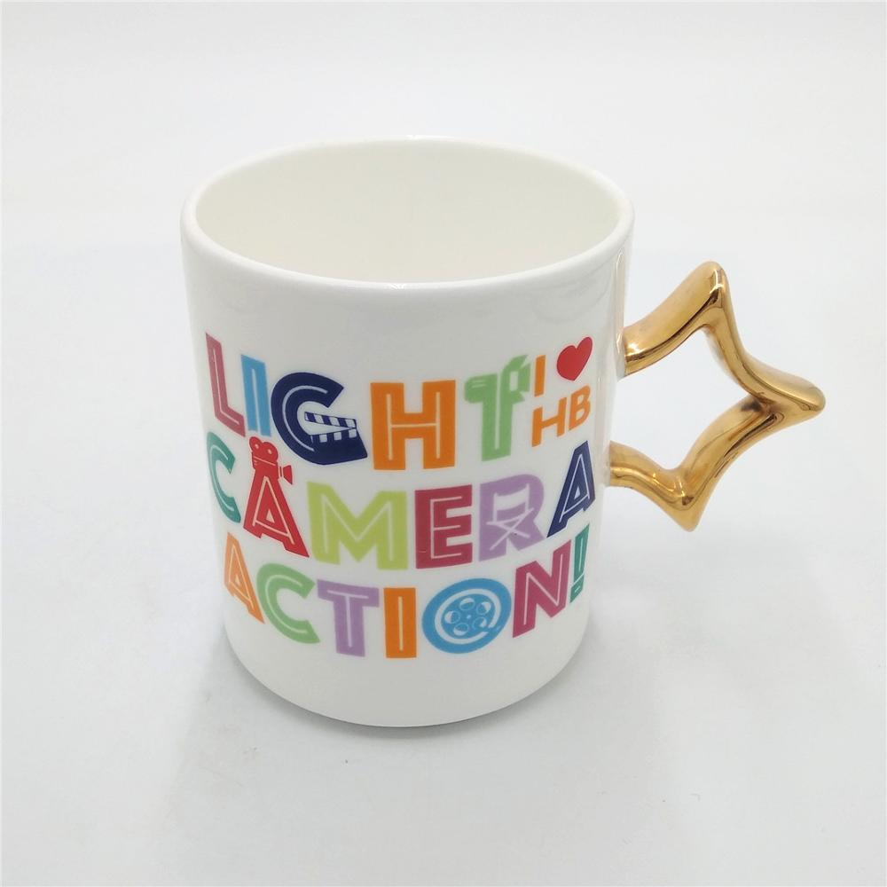 China manufacturer custom ceramic  color  printing  coffee mug  gold star handle  coffee mug