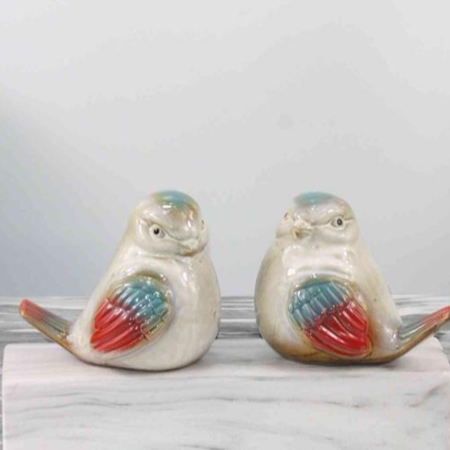 Set of 2 Ceramic Bird Figurines Flower Embellished