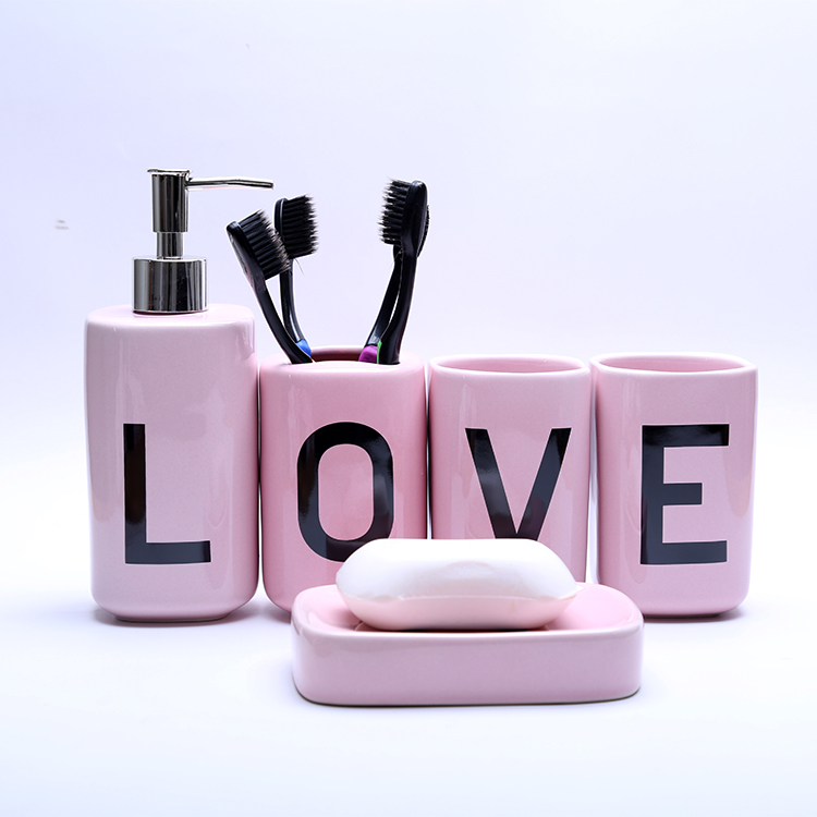 Love theme 5 piece bathroom set,pink bathroom set,ceramic soap dispenser set