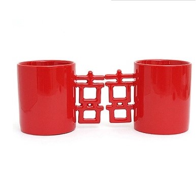 Customized cheap Chinese style wedding red ceramic mug couple mug