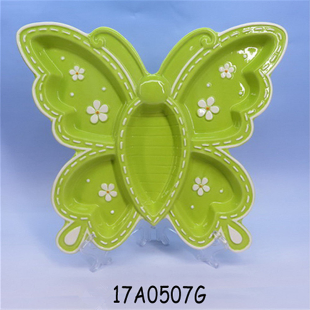 Green butterfly shape plates ceramic 5 compartments sauce plates , sushi plates wholesale