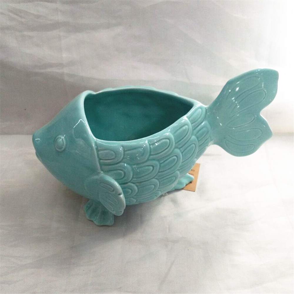 Novelty green fish ceramic  flower pot , succulent pot  custom