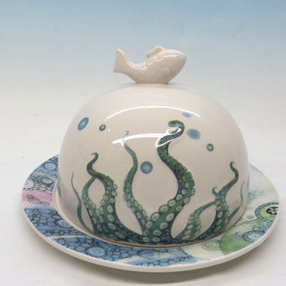 Customized ceramic sea species painting butter plate hot sale bread box with lid